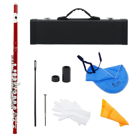 Red aluminum key flute with closed open holes silver plated professional keys and black carrying case for concerts