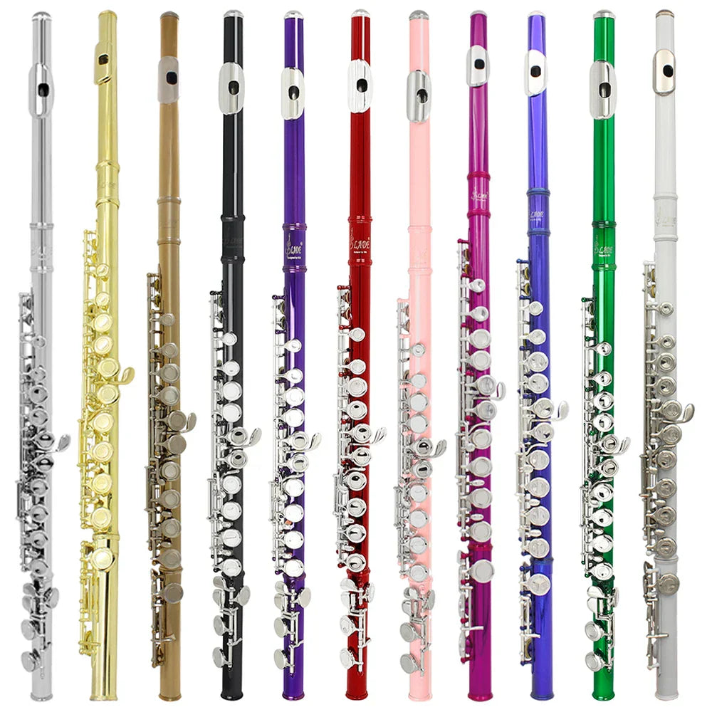 A collection of slaDE 16 closed open holes key flutes with metallic keys in various colors including silver plated professional models