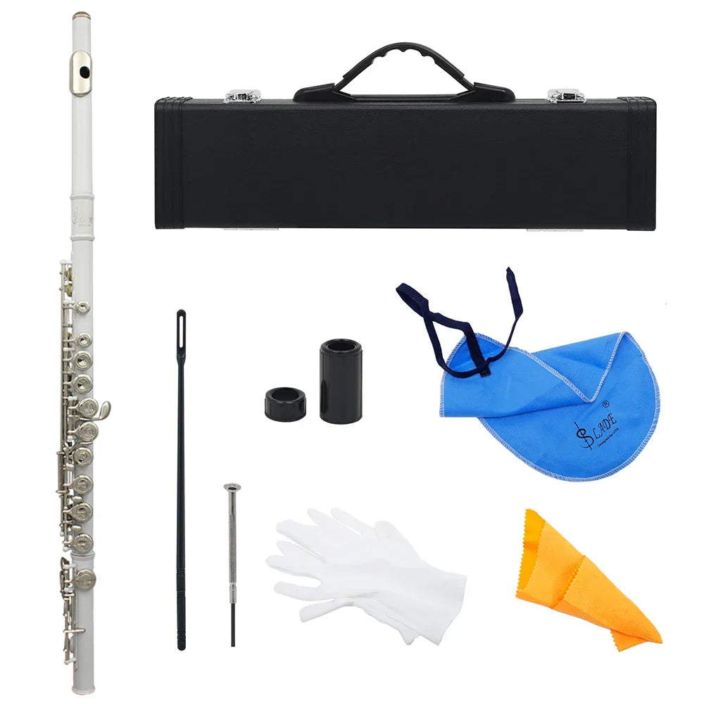 Slade 16 silver plated professional key flute with closed open holes and C and E keys in black carrying case with accessories
