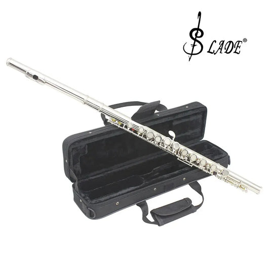 Silver-flamed professional transverse flute with polished finish and keys resting on black case with box cleaning cloth kit