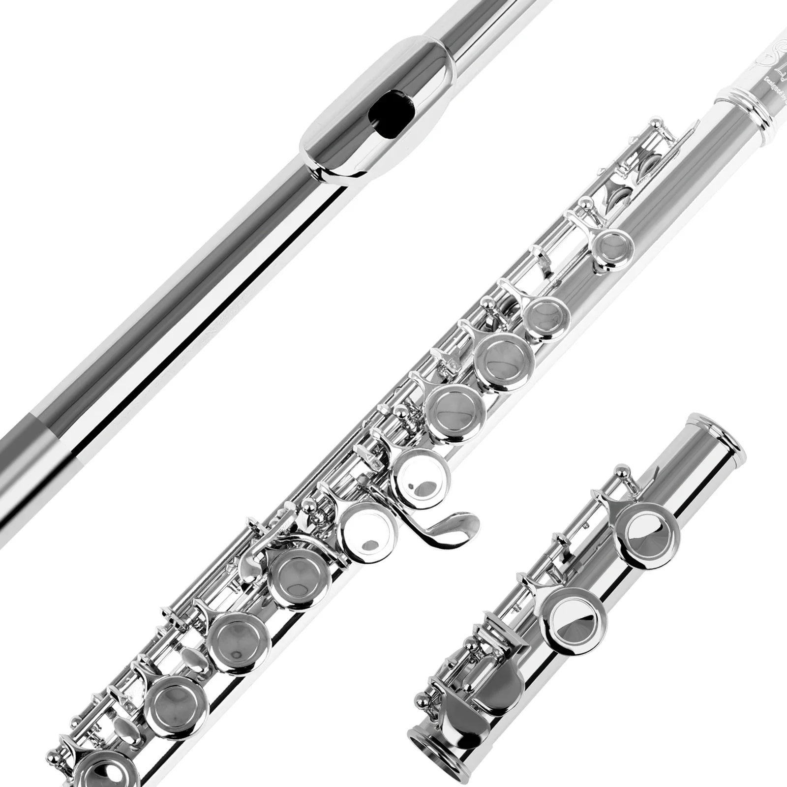 Silver professional transverse flute with closed open holes c key, sleek reflective finish, includes box cleaning cloth