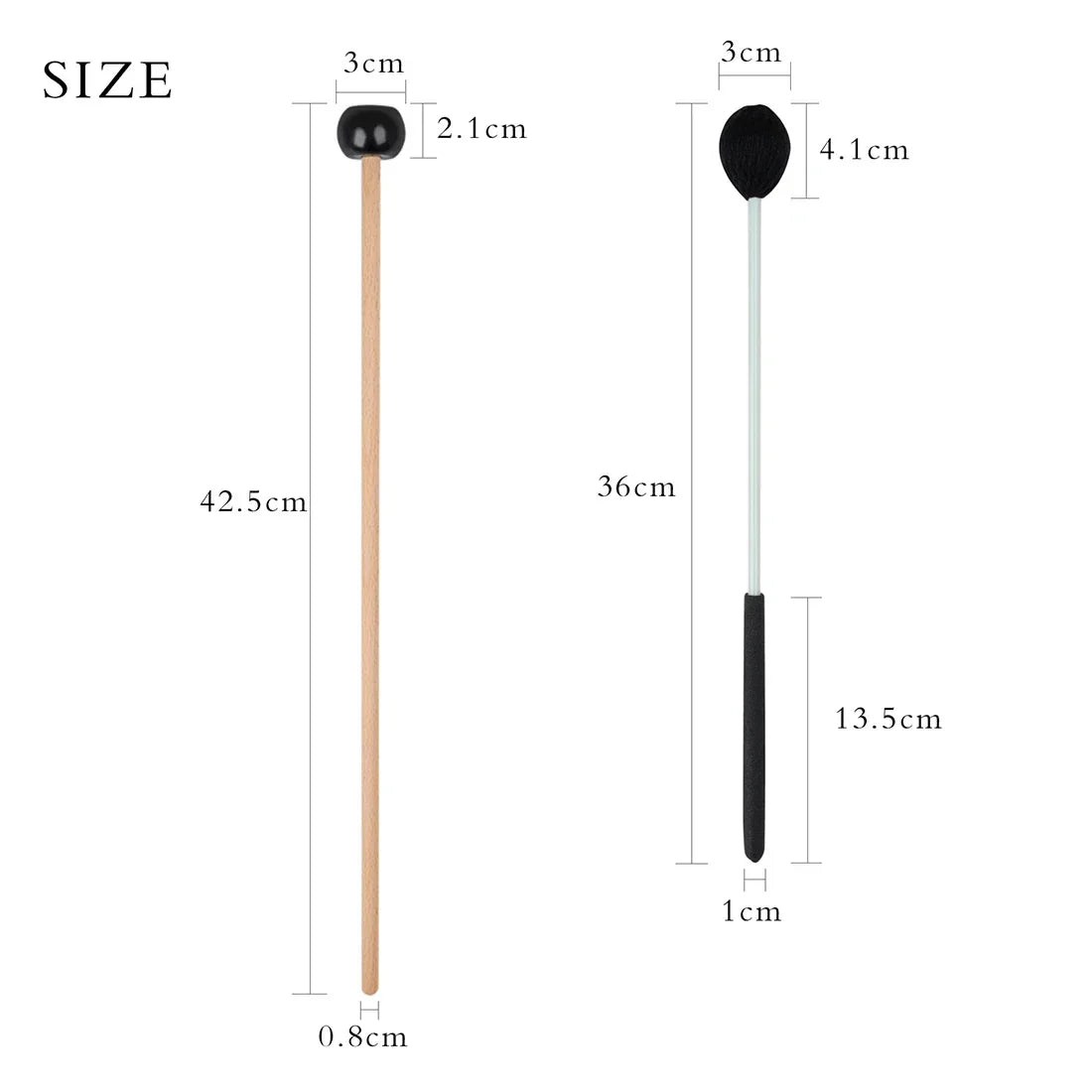 Black rubber-tipped slade pair marimba drumsticks with wooden and metal handles in two sizes for percussion use