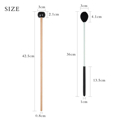 Black rubber-tipped slade pair marimba drumsticks with wooden and metal handles in two sizes for percussion use