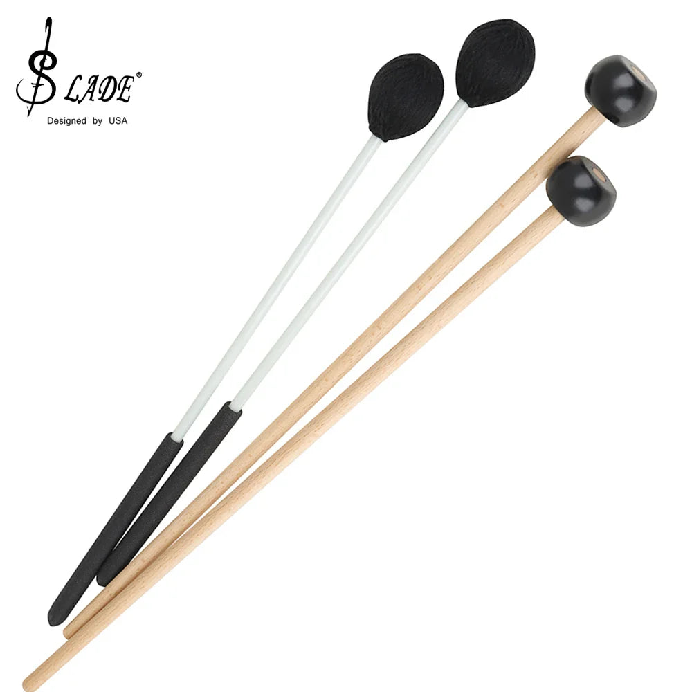 Set of three Slade marimba drumsticks with wooden handles black rubber tips and white shafts for percussion use