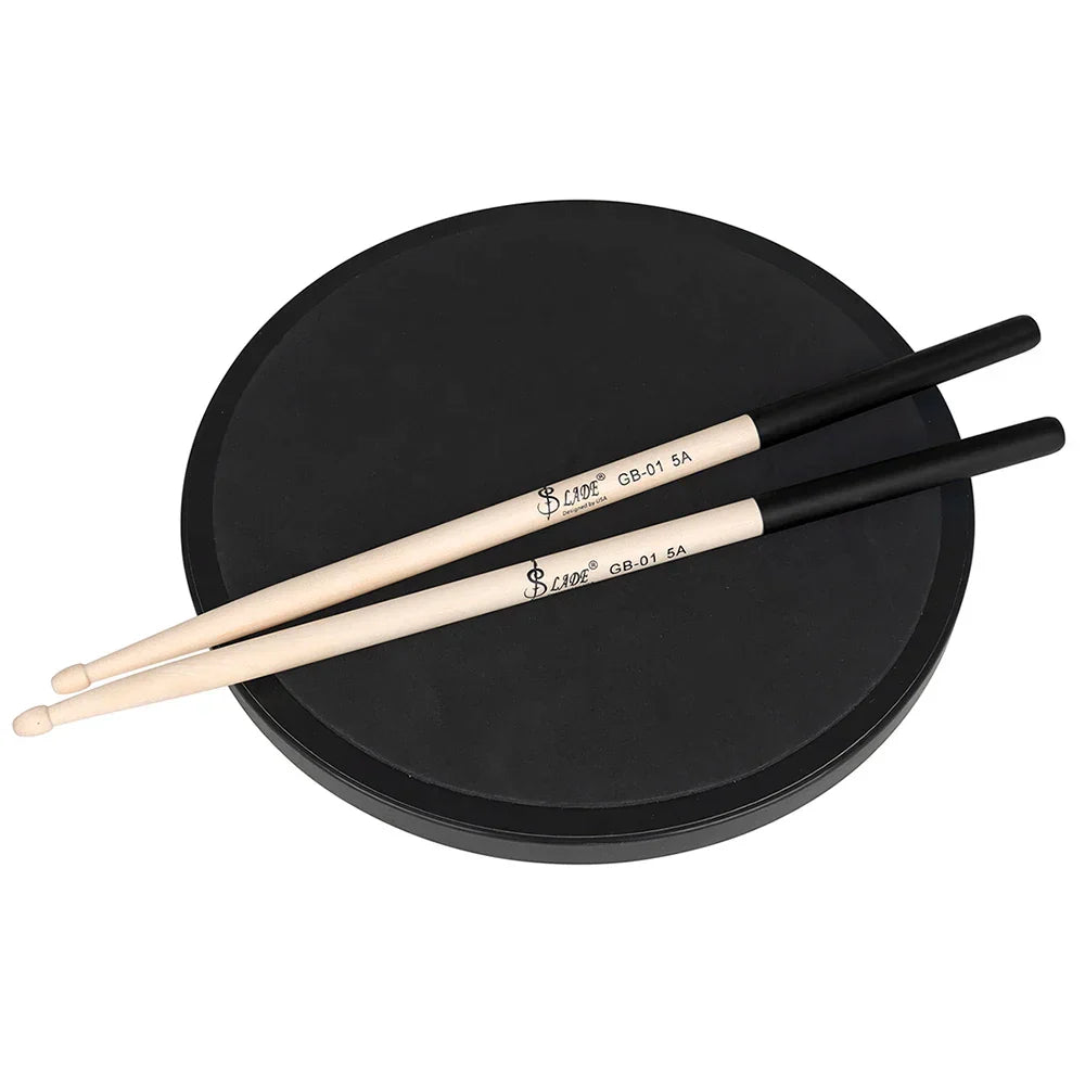 Black circular drum practice pad with beige slade 5a maple drumsticks professional percussion accessories