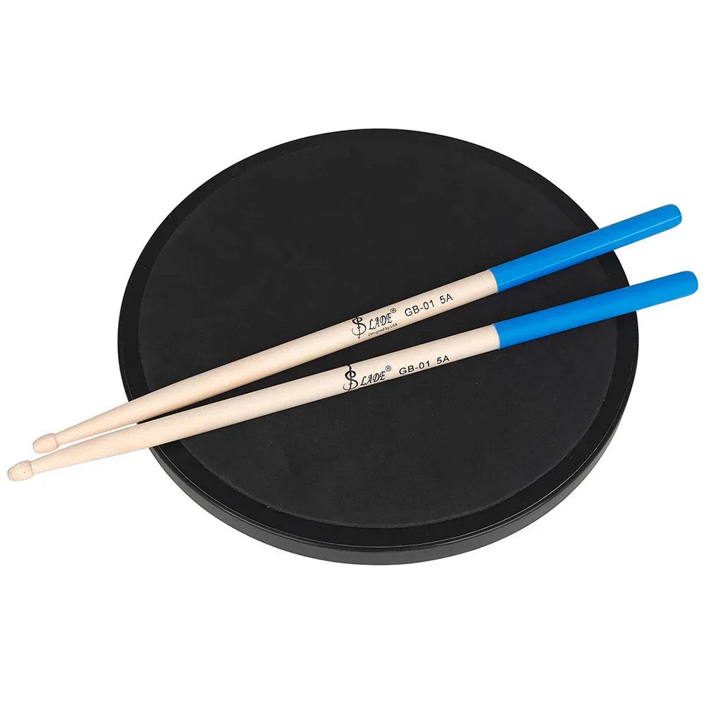 Pair of blade gb-01 5a maple drumsticks professional with bright blue handles on black circular percussion accessories pad
