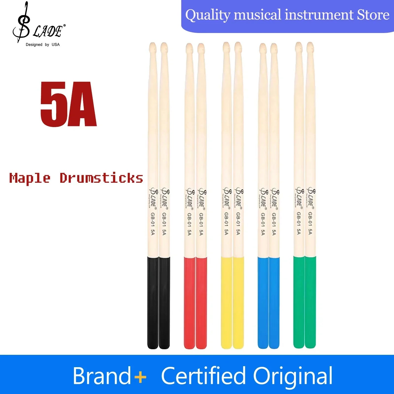Set of five SLADE 5A maple drumsticks professional with colored grips in black red yellow blue and green percussion accessories