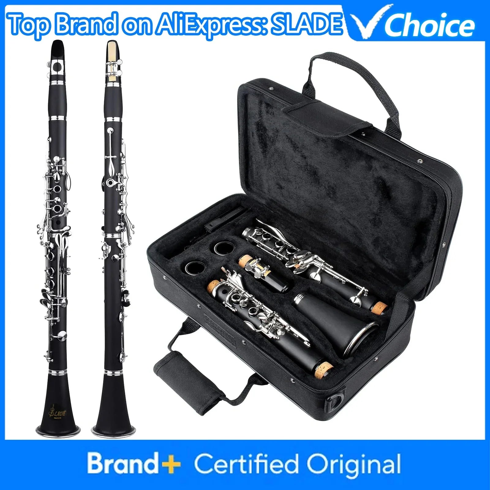 Black slade bb clarinet with silver keys and cork joints displayed with matching black hard case professional wooden clarinet