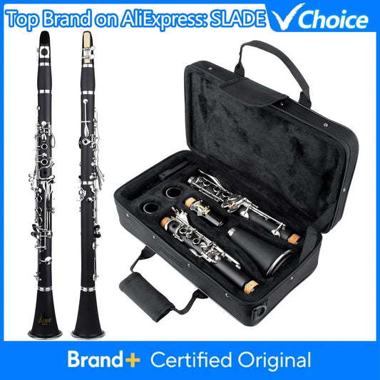 Black slade bb clarinet with silver keys and cork joints displayed with matching black hard case professional wooden clarinet