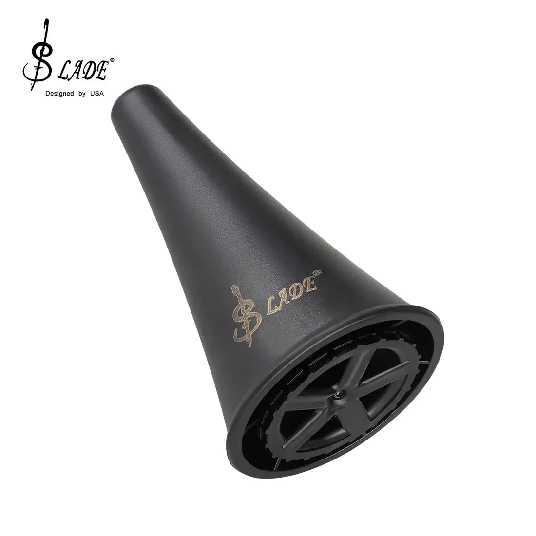 Black Slade trumpet mouthpiece with matte finish and gold logo displayed alongside Slade clarinet stand holder metal stand woodwind accessory