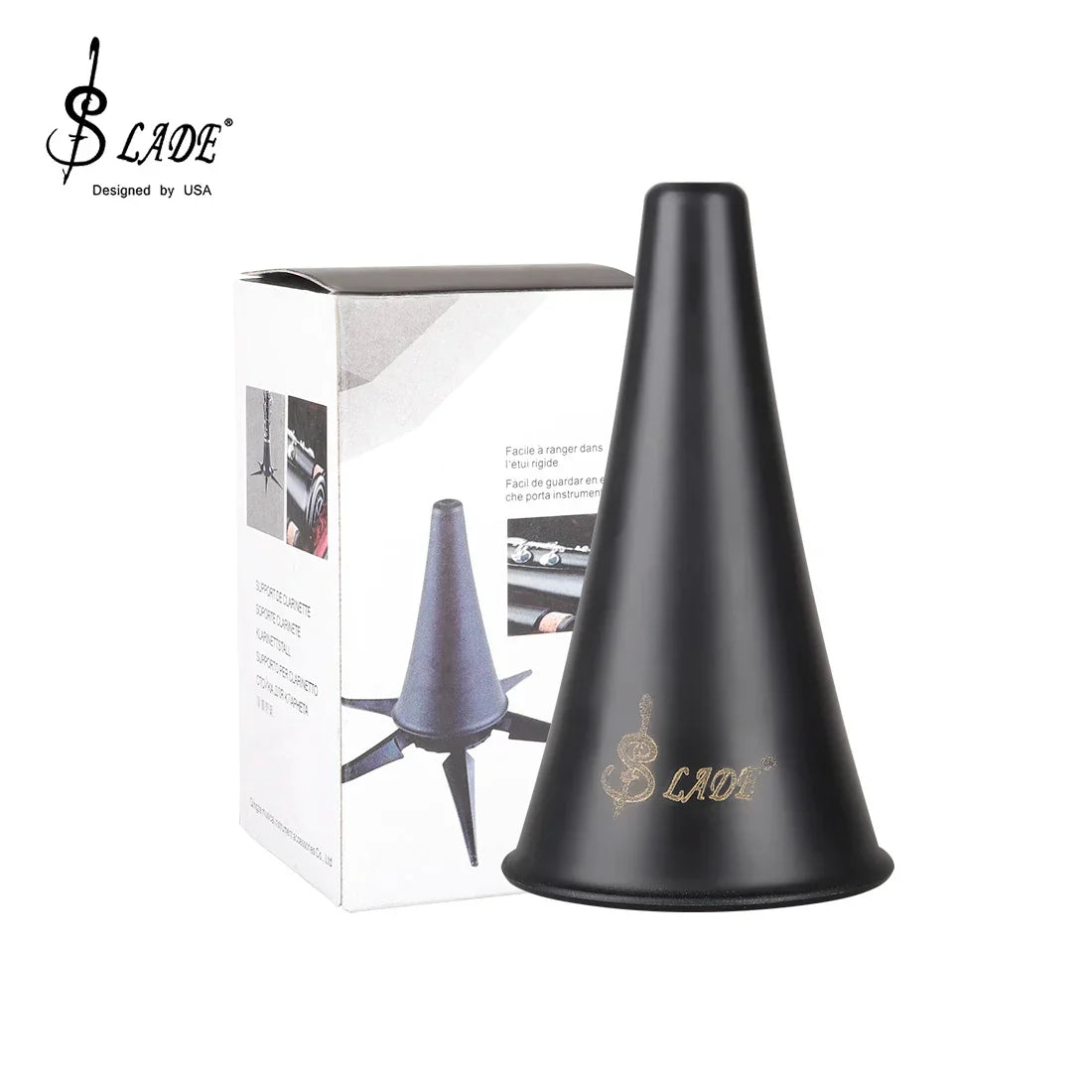 Black matte slade clarinet stand holder with conical shape, foldable metal stand woodwind accessory with three-legged base