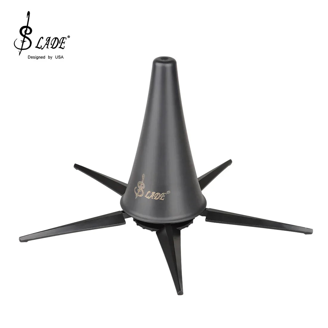 Black matte slade clarinet stand holder with foldable conical body and five-legged metal stand woodwind support