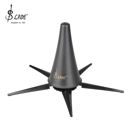 Black matte slade clarinet stand holder with foldable conical body and five-legged metal stand woodwind support