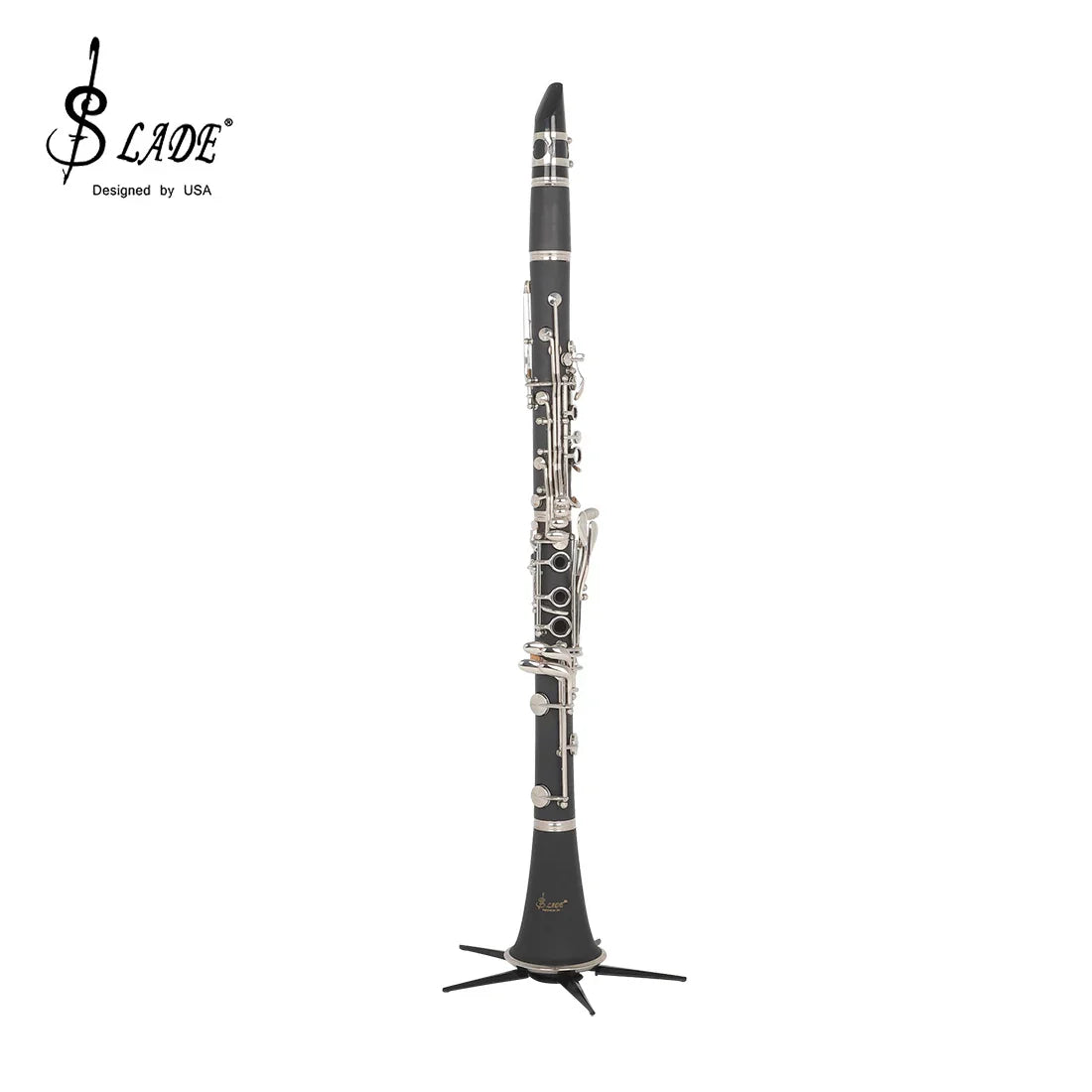 Black clarinet with silver keys on a slade clarinet stand holder metal stand woodwind foldable 5-legged support