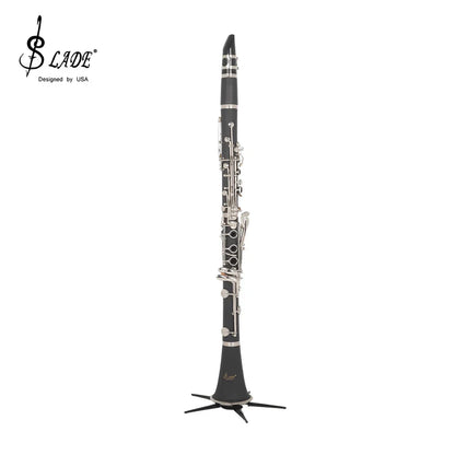Black clarinet with silver keys on a slade clarinet stand holder metal stand woodwind foldable 5-legged support