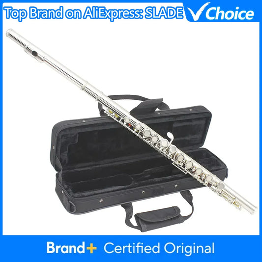 Silver professional transverse flute with polished metallic finish and intricate keywork resting on black box cleaning cloth case