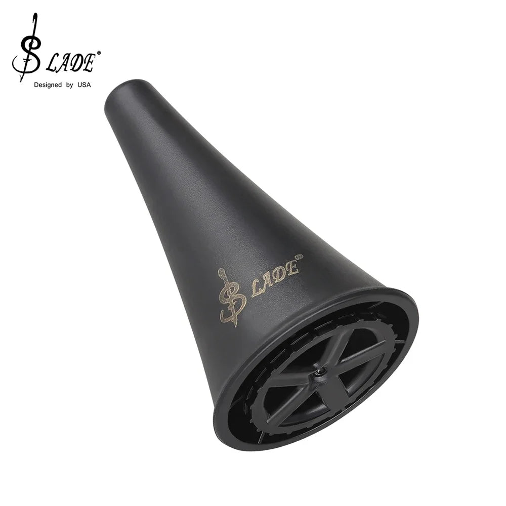 Black plastic trumpet mouthpiece with silver logo and metal reed holder shown alongside slade foldable clarinet stand bracket