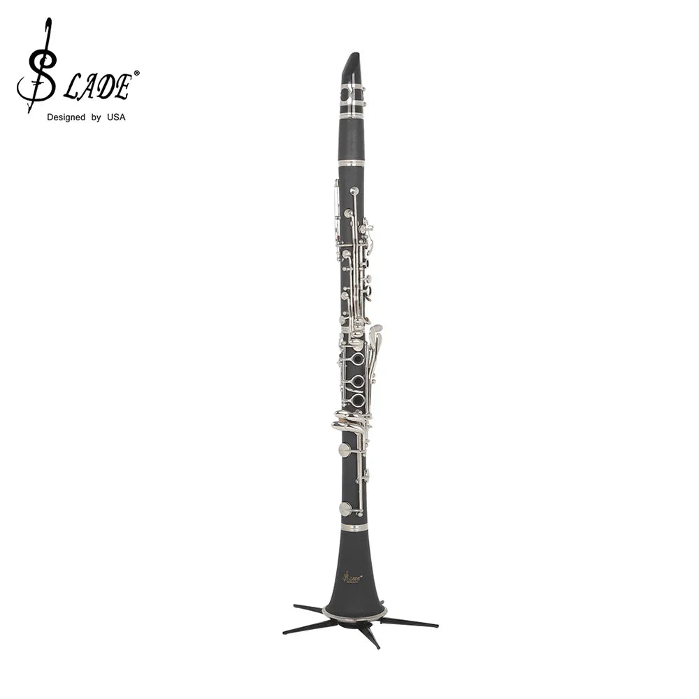 Black clarinet with silver keys on a slade foldable clarinet stand bracket portable placement rack black metal holder