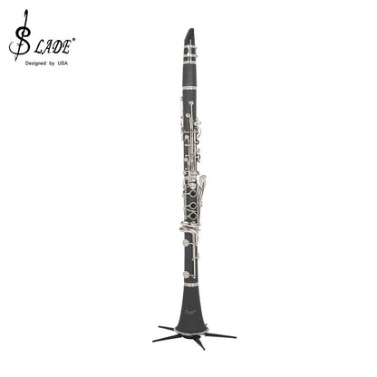 Black clarinet with silver keys on a slade foldable clarinet stand bracket portable placement rack black metal holder