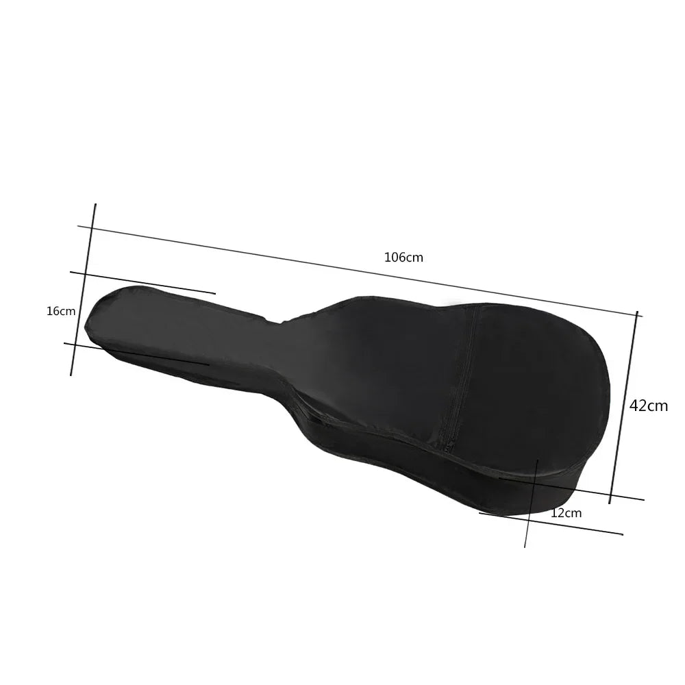 Black fabric molded classical acoustic guitar carry bag with reinforced stitching and shoulder strap backpack design