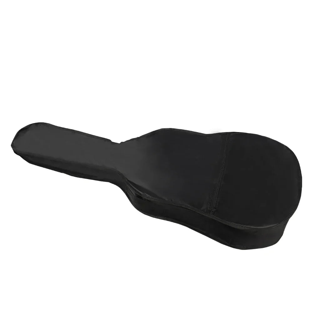 Black fabric classical acoustic guitar carry bag with smooth glossy finish and shoulder strap backpack design