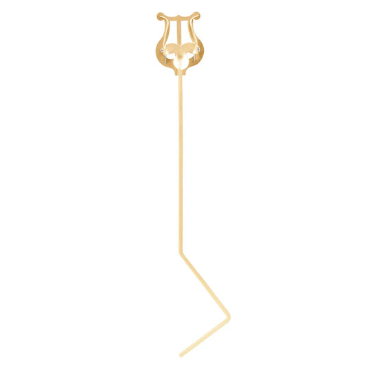 Gold-colored metal lyre-shaped portable sheet music stand with slender curved base for horn baliton tenor and euphonium