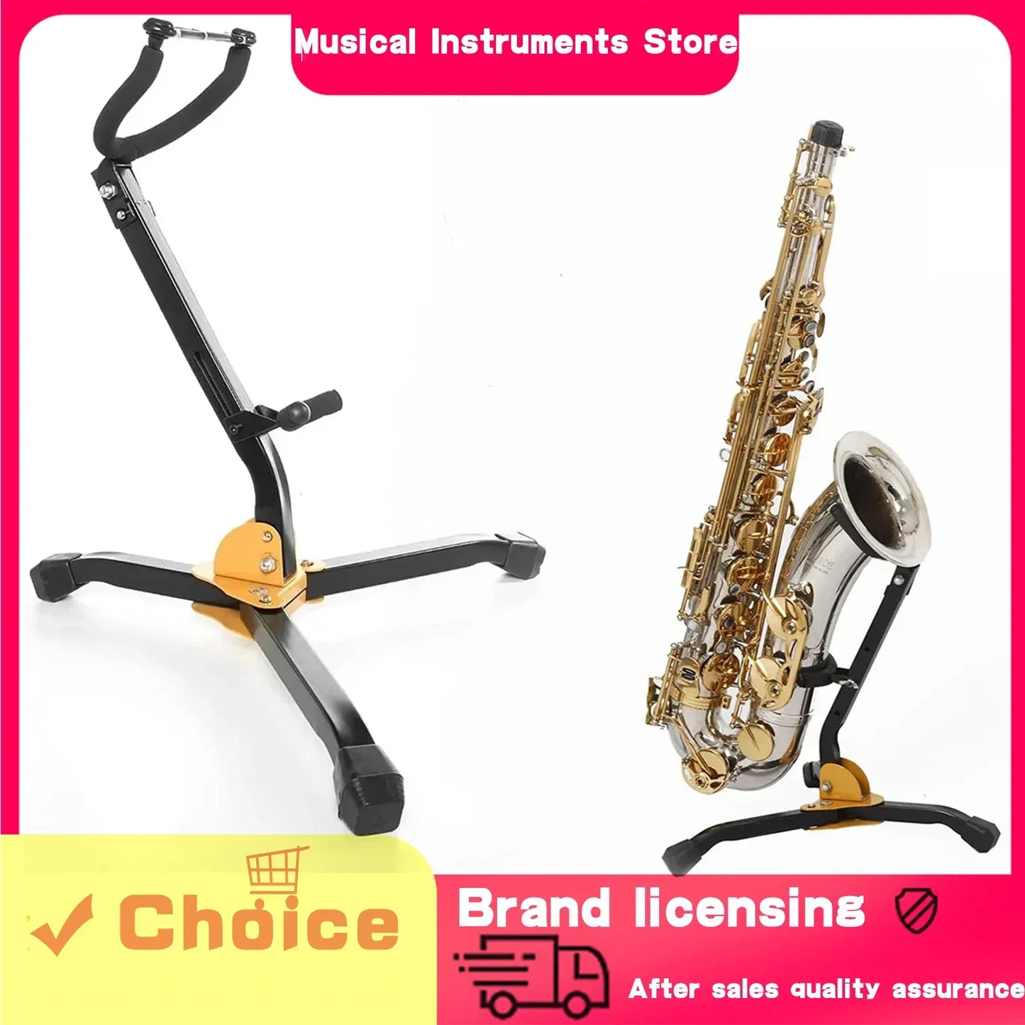 Black and gold slade saxophone stand with adjustable arm and metal legs for secure soprano portable foldable instrument support