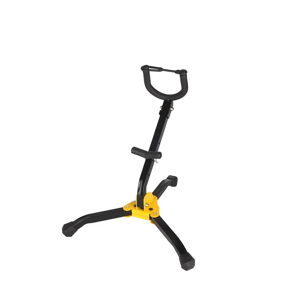 Black and yellow slade saxophone stand with adjustable height metal legs for professional soprano portable foldable use