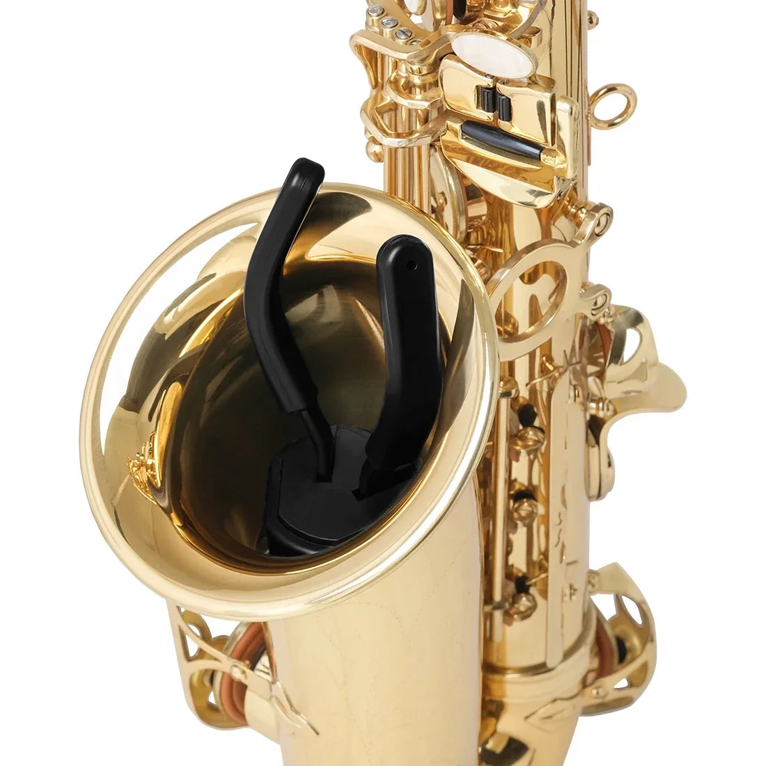 Black plastic saxophone mouthpiece rest on the golden bell of a slade tenor alto portable foldable professional stand with metal legs tripod