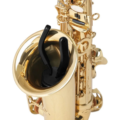 Black plastic saxophone mouthpiece rest on the golden bell of a slade tenor alto portable foldable professional stand with metal legs tripod