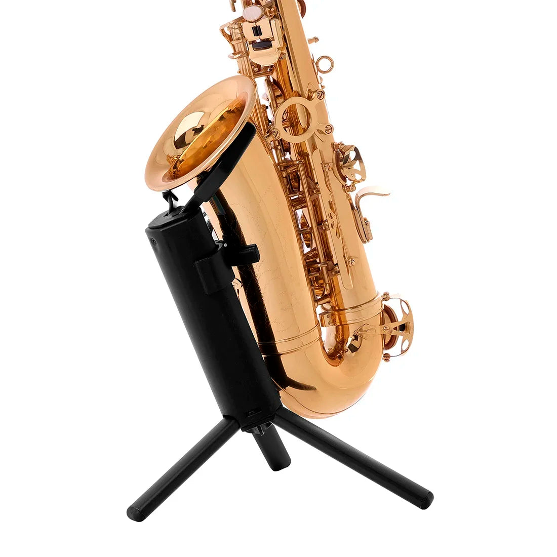 Golden saxophone resting on a black metal legs tripod stand of slade tenor alto portable foldable professional stand
