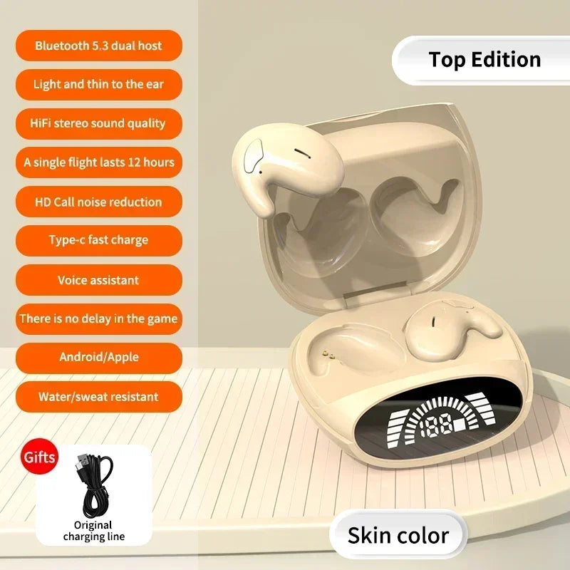 Skin-colored sleek sleep bluetooth headphones noise cancelling earbuds with digital display in matching charging case