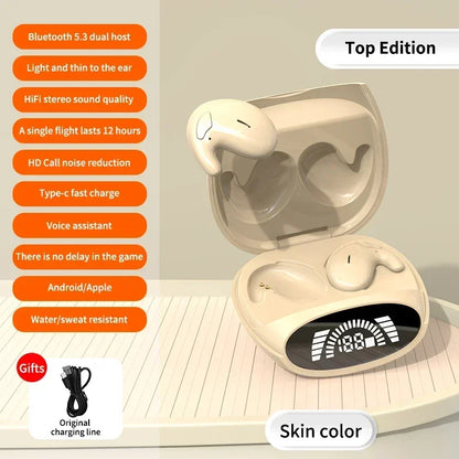 Skin-colored wireless earbuds in an oval charging case with digital display for headphones noise cancelling and painless wireless music