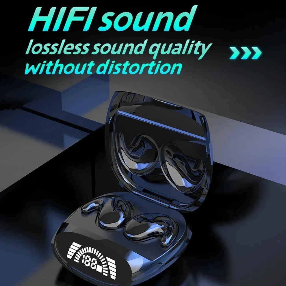 Black glossy sleep bluetooth headphones noise cancelling earbuds with painless wireless music and digital display charging case