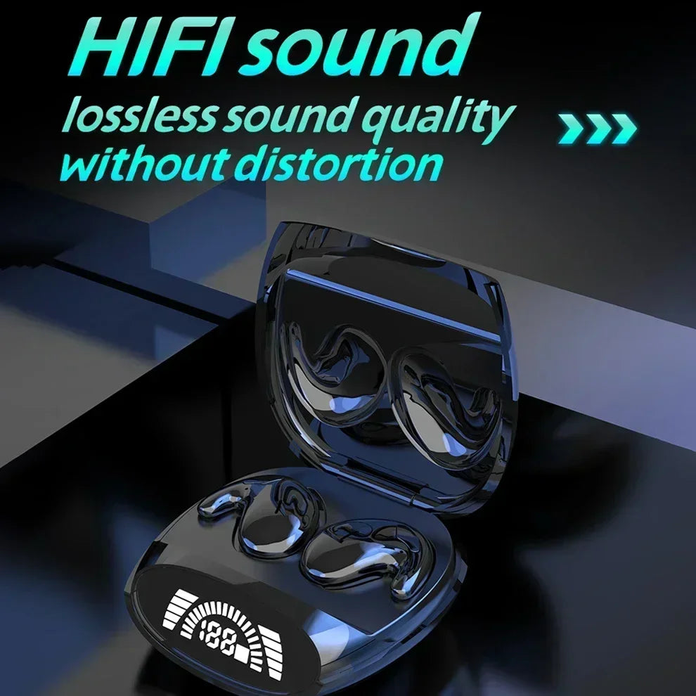 Black glossy sleep bluetooth headphones with noise cancelling earbuds and illuminated digital display in charging case