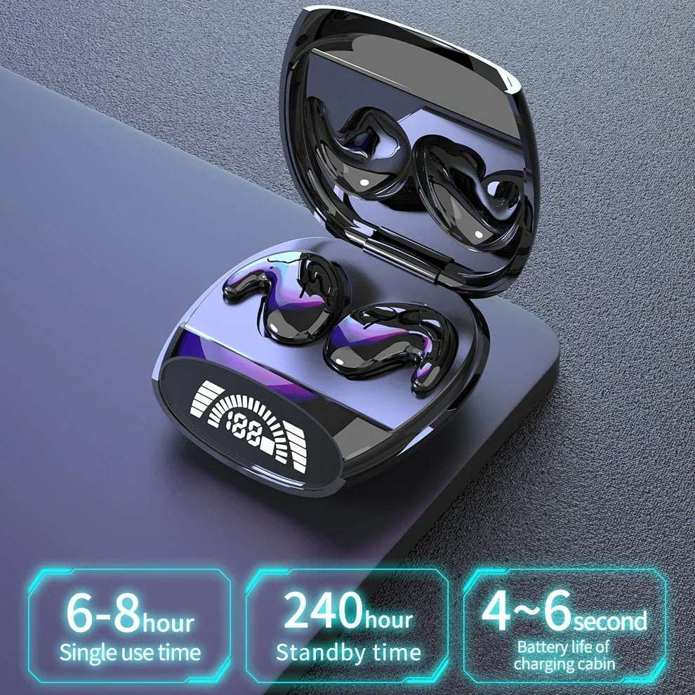 Black glossy sleep bluetooth headphones noise cancelling earbuds in a sleek case with a digital display for painless wireless music