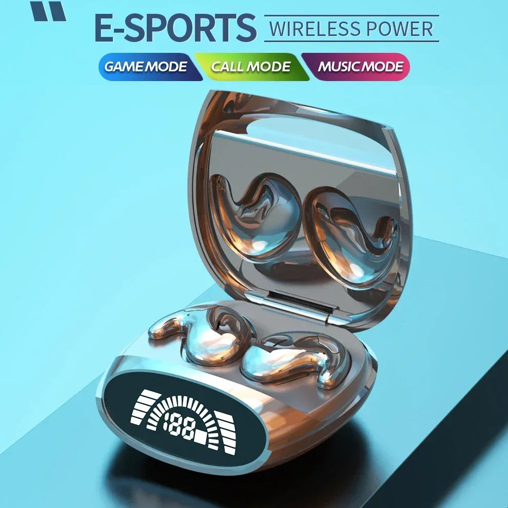 Shiny metallic rose gold earbuds in sleek charging case with digital display for headphones noise cancelling and painless wireless music