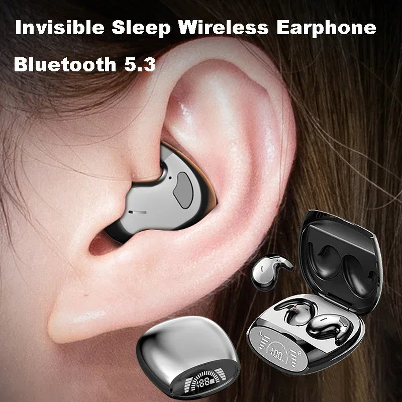 Silver and black invisible sleep bluetooth headphones noise cancelling earbuds digital display with painless wireless music