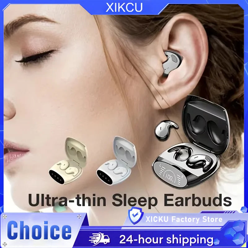 Silver and black sleep bluetooth headphones noise cancelling wireless earbuds with digital display in open charging case