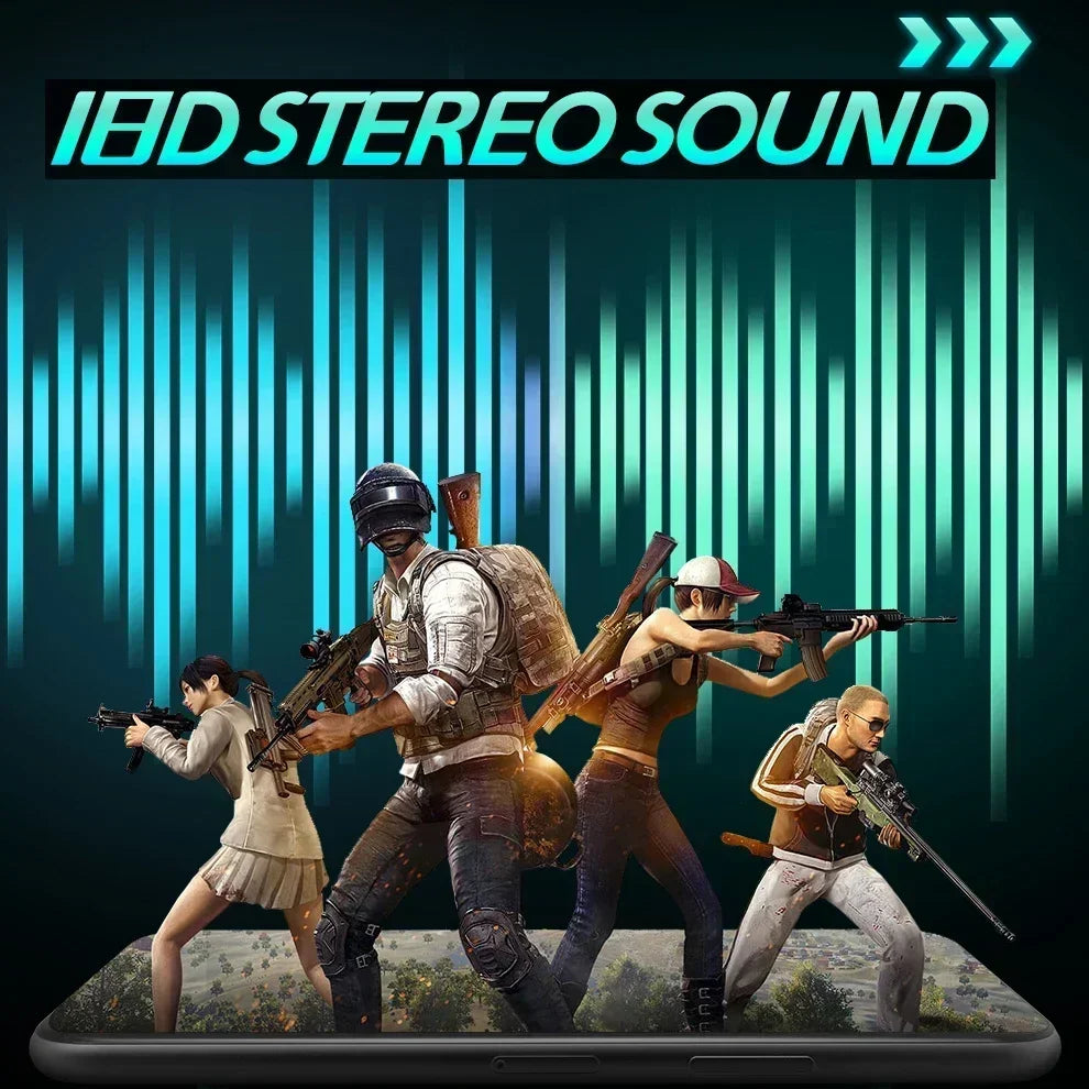 A smartphone displaying vibrant game interface with four tactical characters and the text 108d stereo sound for earbuds digital display in sleep bluetooth headphones noise cancelling product