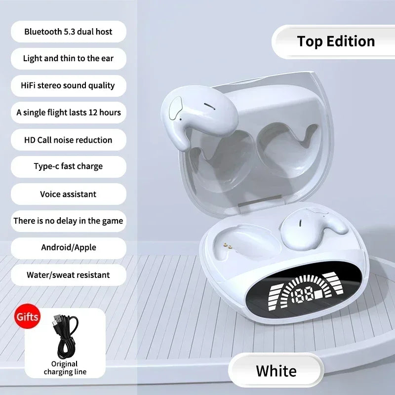 White sleep bluetooth headphones in a sleek oval charging case with digital display and noise cancelling earbuds digital display