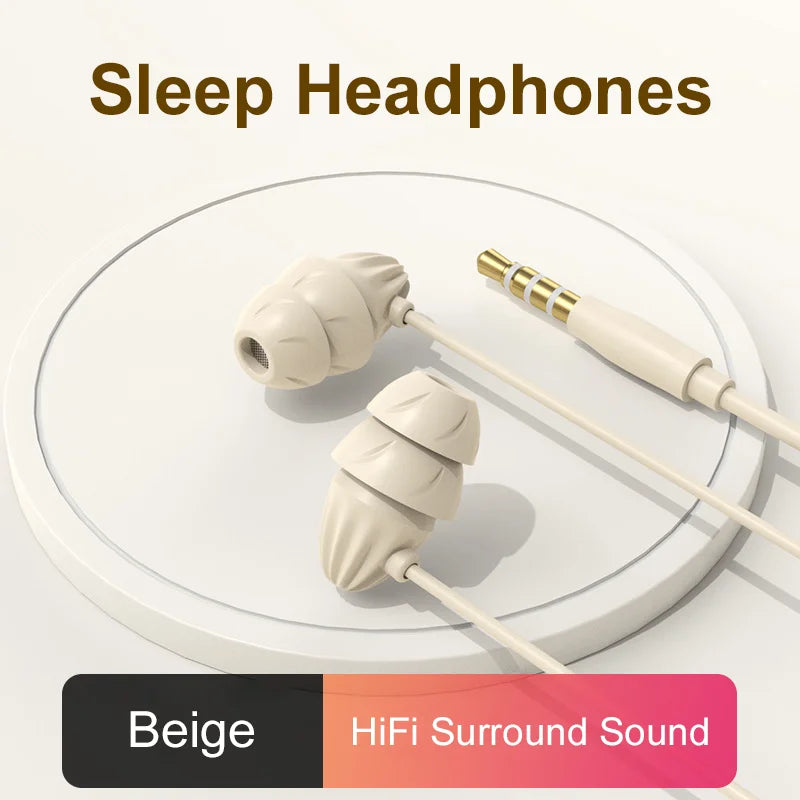 Beige sleep earbuds hifi with soft glue wired design and gold-plated 3.5mm jack for earbuds hifi surround sound
