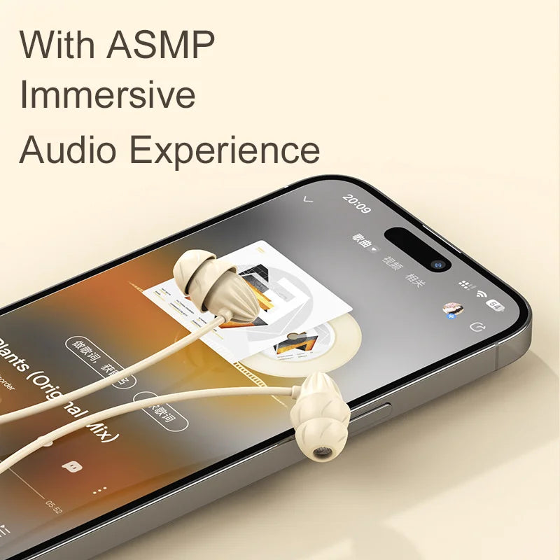 Cream-colored glue sleep wired earbuds hifi surround with soft glue material resting on a smartphone screen