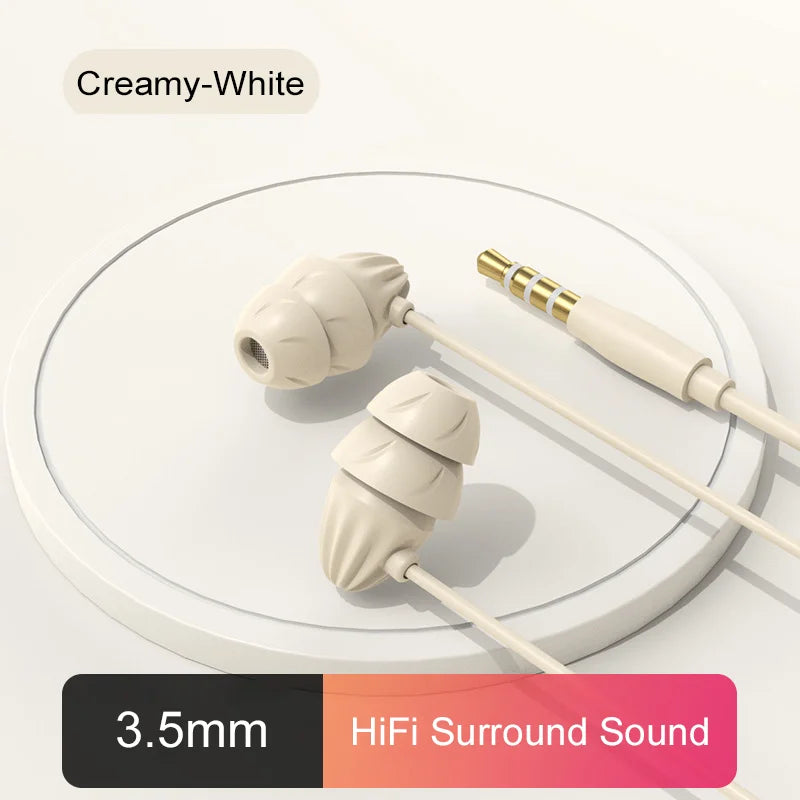 Creamy-white glue sleep wired earbuds hifi surround with textured design and gold-plated 3.5mm audio jack for noise reduction