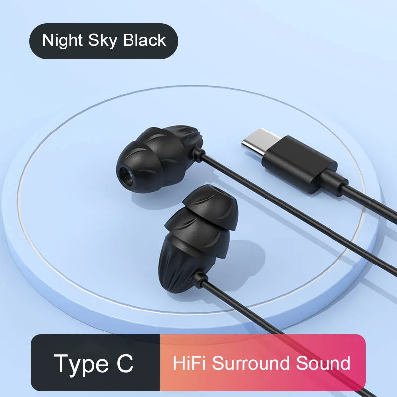 Night sky black sleep earbuds hifi with matte finish glue sleep wired design and type c cable for earbuds hifi surround sound