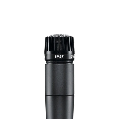 Black sm57 dynamic instrument microphone with ribbed grille and metallic mesh top for type beat music recording