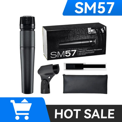 Black shure sm57 dynamic instrument microphone with ribbed grille and matte finish for type beat music use