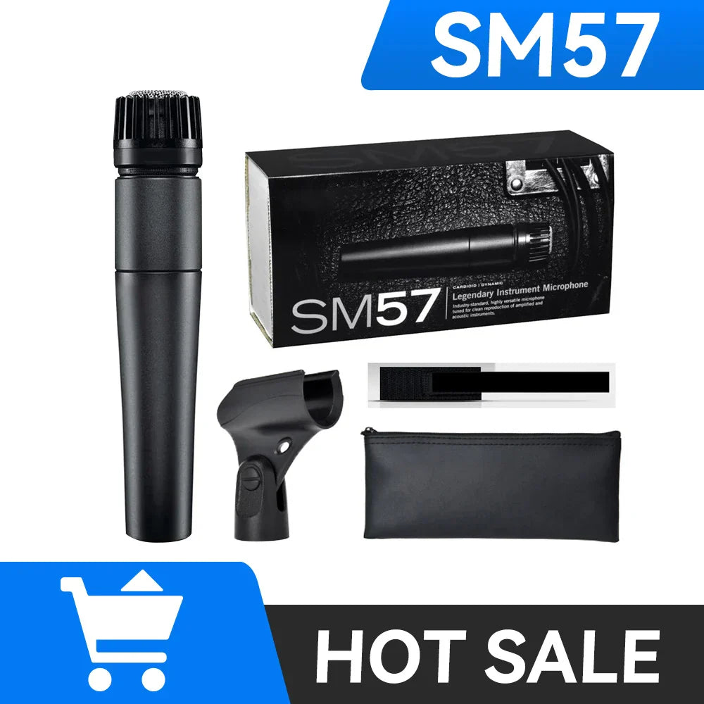 Black sm57 dynamic instrument microphone with ribbed grille and matte finish for instrument recording and type beat music