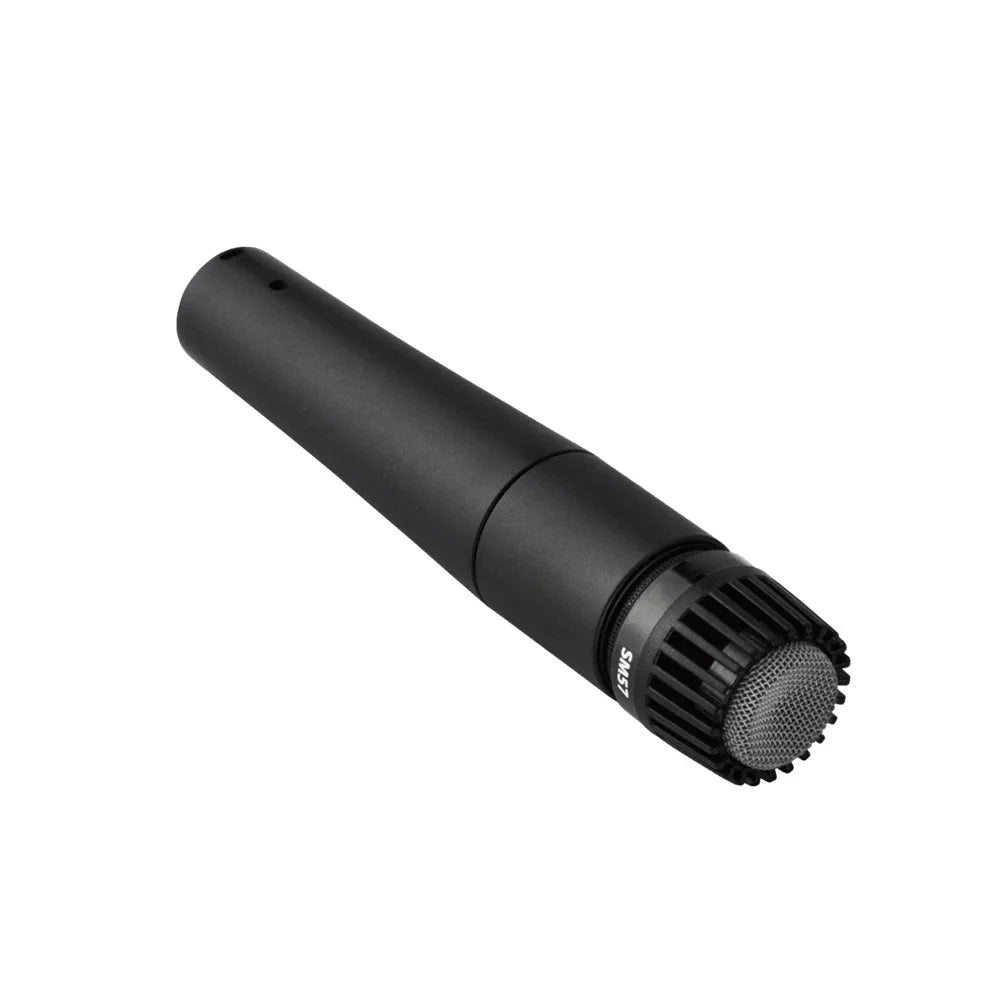 Black sm57 dynamic instrument microphone with metallic grille and ribbed housing for professional beat music use