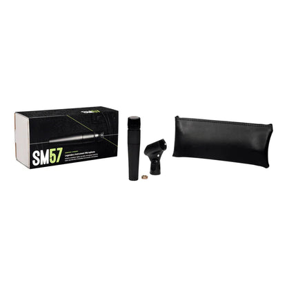 Black shure sm57 dynamic instrument microphone with stand mount and pouch for professional instrument recording and type beat music
